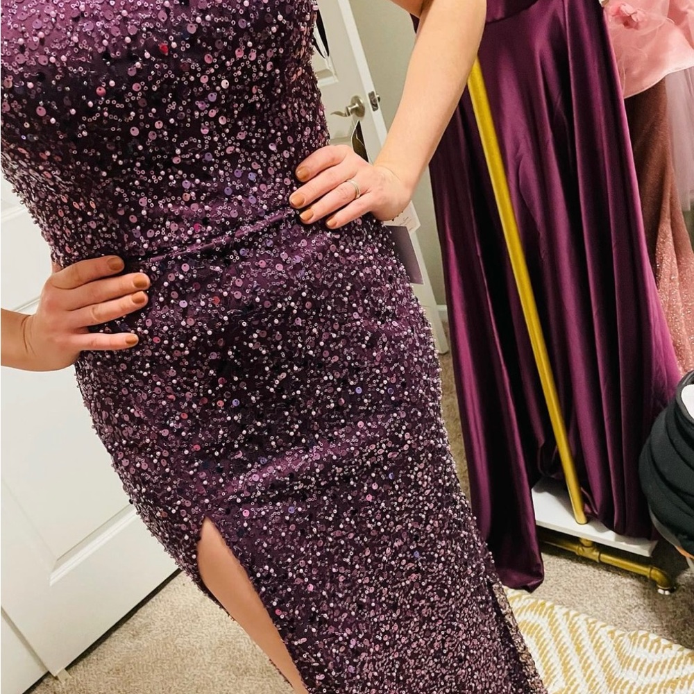 FITTED A-SYMETRICAL SEQUIN GOWN AMETHYST